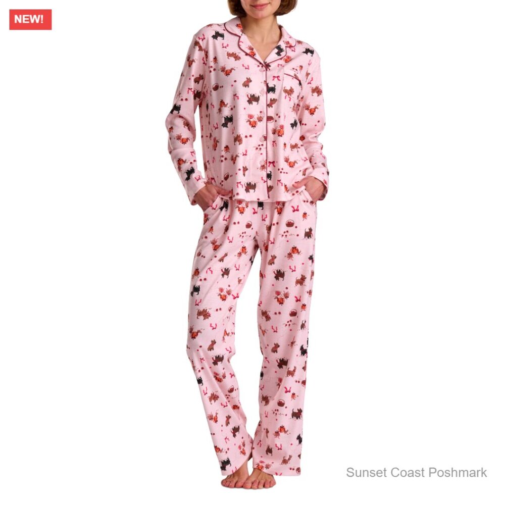 Karen Neuburger Pink Cotton Blend Pajama Set Long Sleeve Scottie Dog Print New